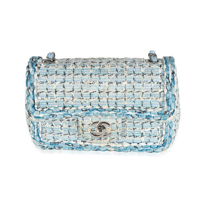 Metallic Blue White Tweed Mini Rectangular Flap Bag