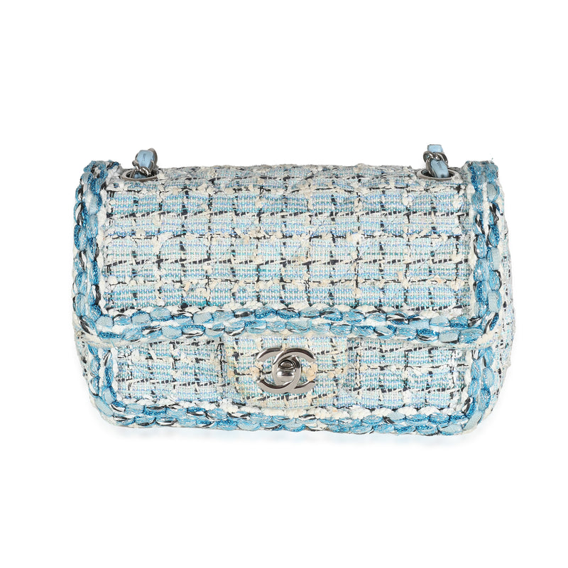 Metallic Blue White Tweed Mini Rectangular Flap Bag