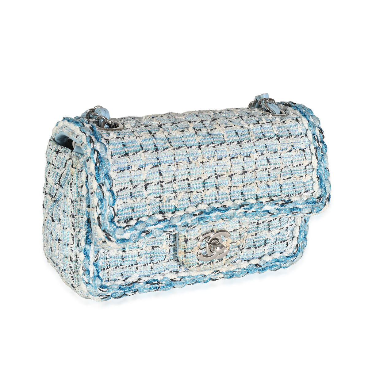 Metallic Blue White Tweed Mini Rectangular Flap Bag