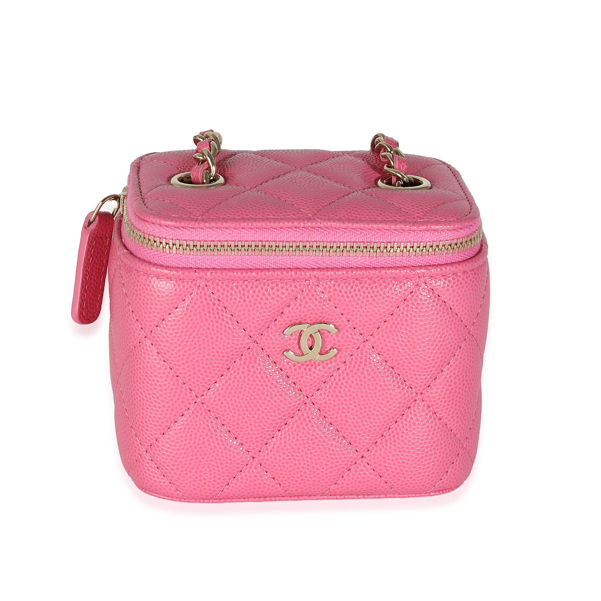 Pink Quilted Caviar Mini Vanity Case With Chain