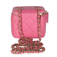 Pink Quilted Caviar Mini Vanity Case With Chain