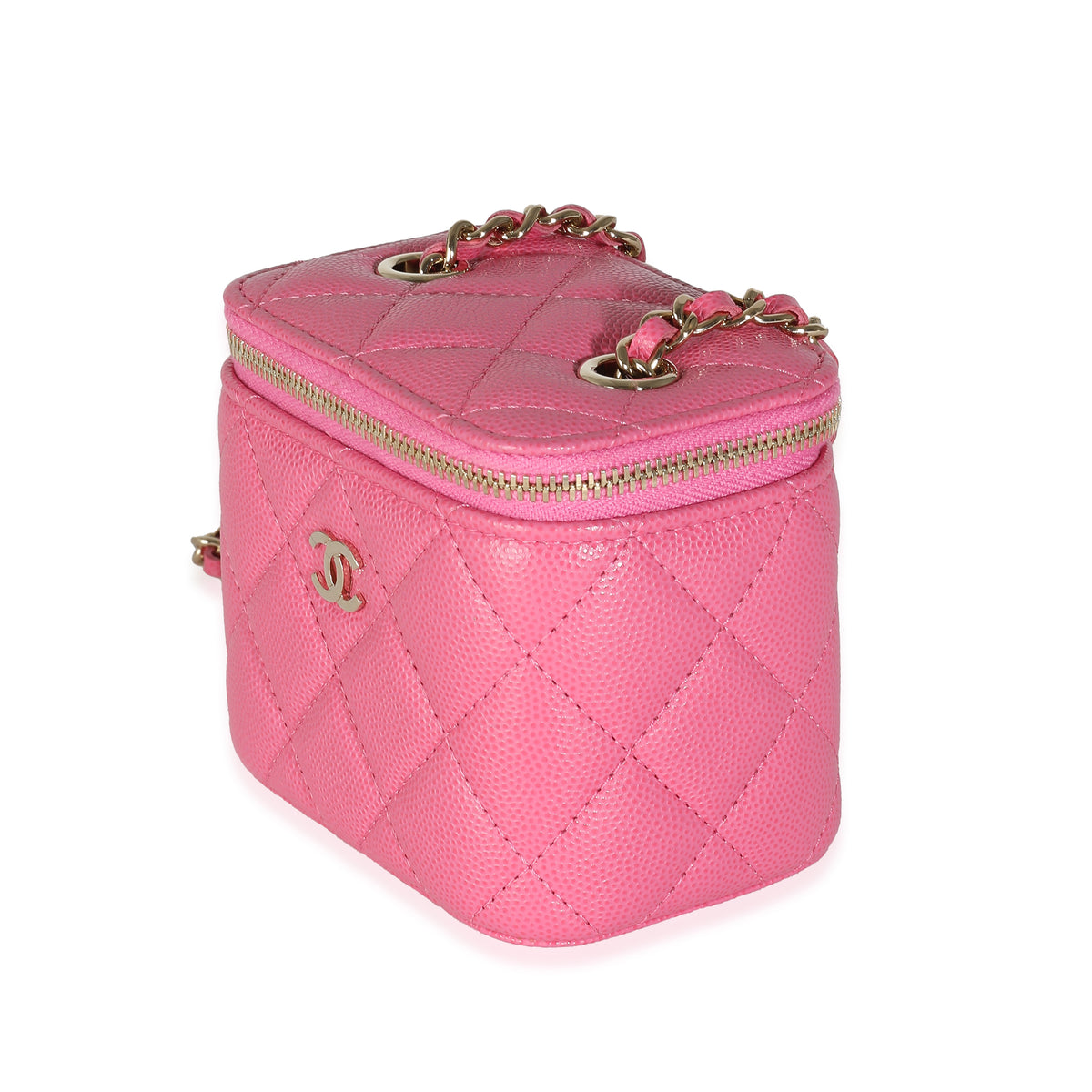 Pink Quilted Caviar Mini Vanity Case With Chain