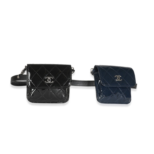 Chanel Black Navy Quilted Patent CC Double Chain Mini Waist Bag