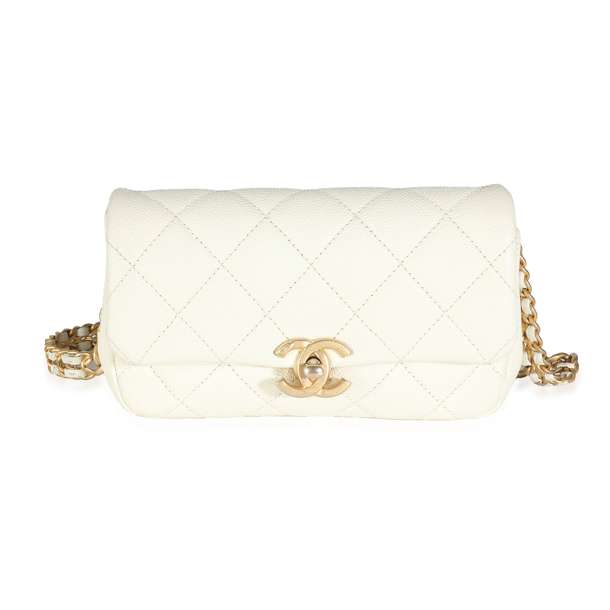 White Quilted Caviar Chain Melody Waist Belt Bag