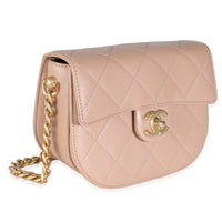 Beige Quilted Caviar Mini Round Messenger Bag