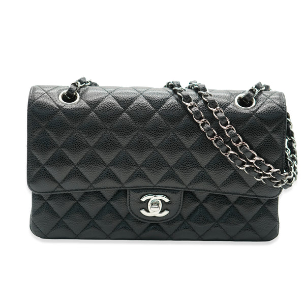 Black Quilted Caviar Medium Classic Double Flap Bag