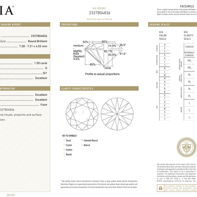 GIA Certified 1.50 Ct Round Brilliant cut G SI1 Loose Diamond