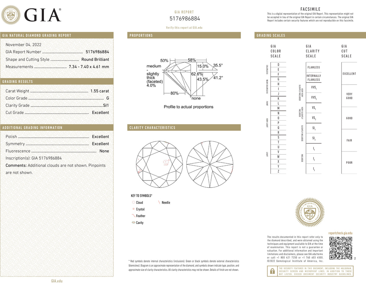 GIA Certified 1.55 Ct Round cut G SI1