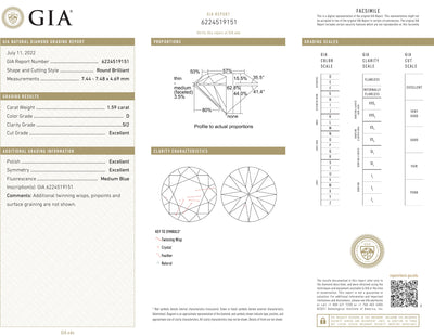 GIA Certified 1.59 Ct Round cut D SI2