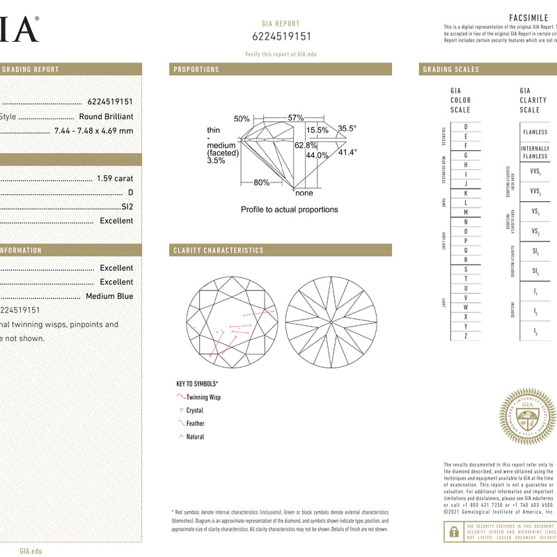 GIA Certified 1.59 Ct Round cut D SI2