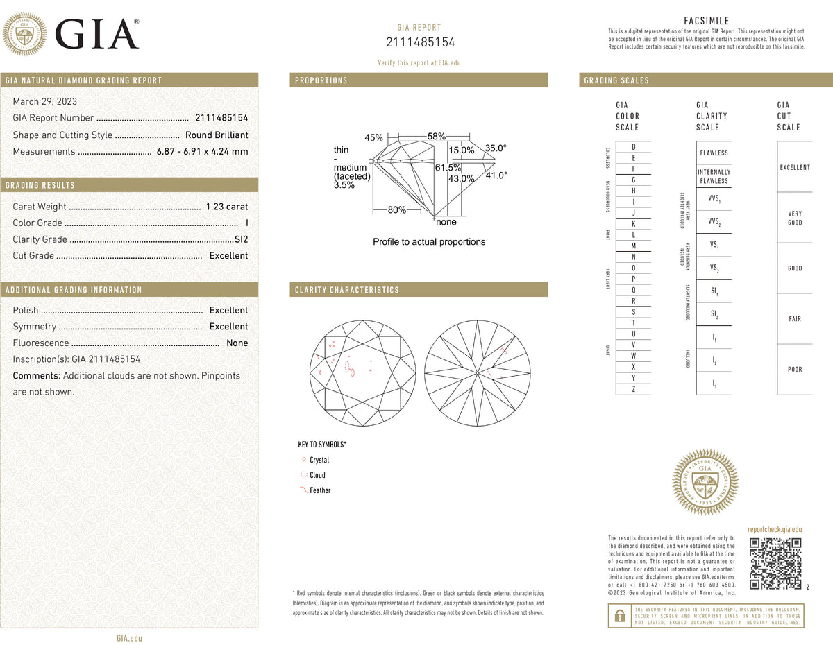 GIA Certified 1.23 Ct Round cut I SI2