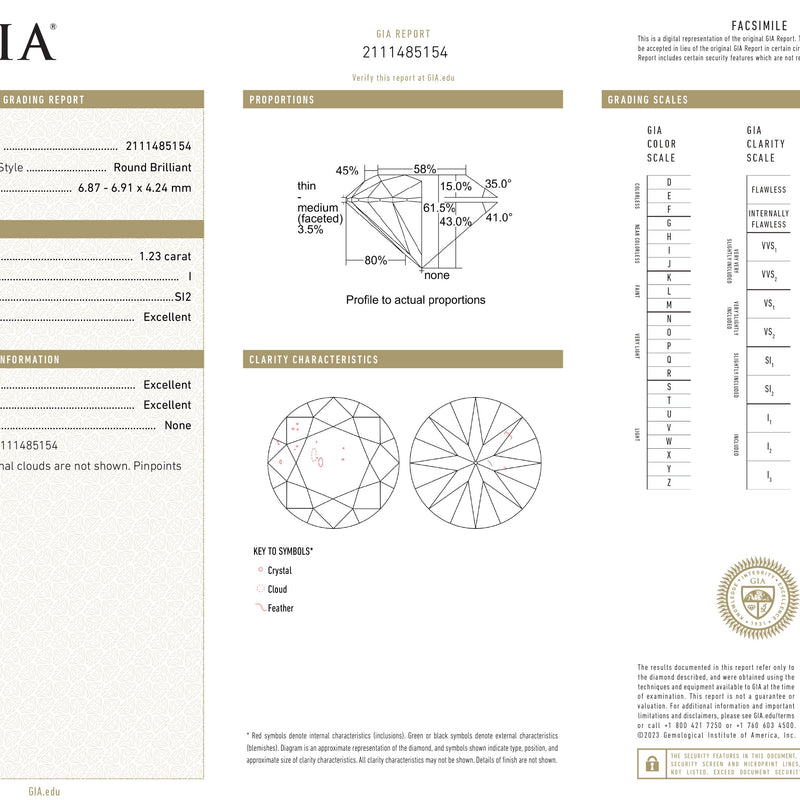 GIA Certified 1.23 Ct Round cut I SI2