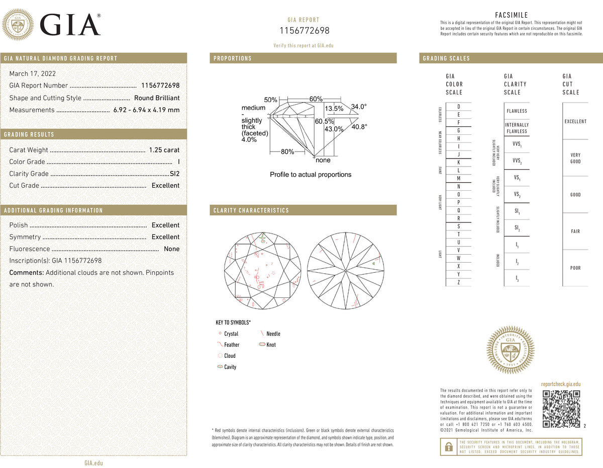 GIA Certified 1.25 Ct Round cut I SI2