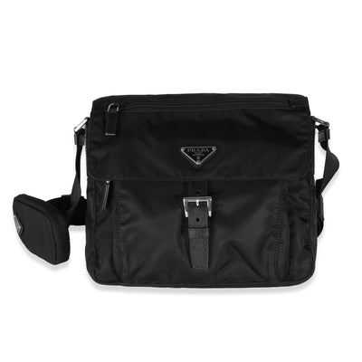 Black Re-Nylon Front Pocket Shoulder Bag