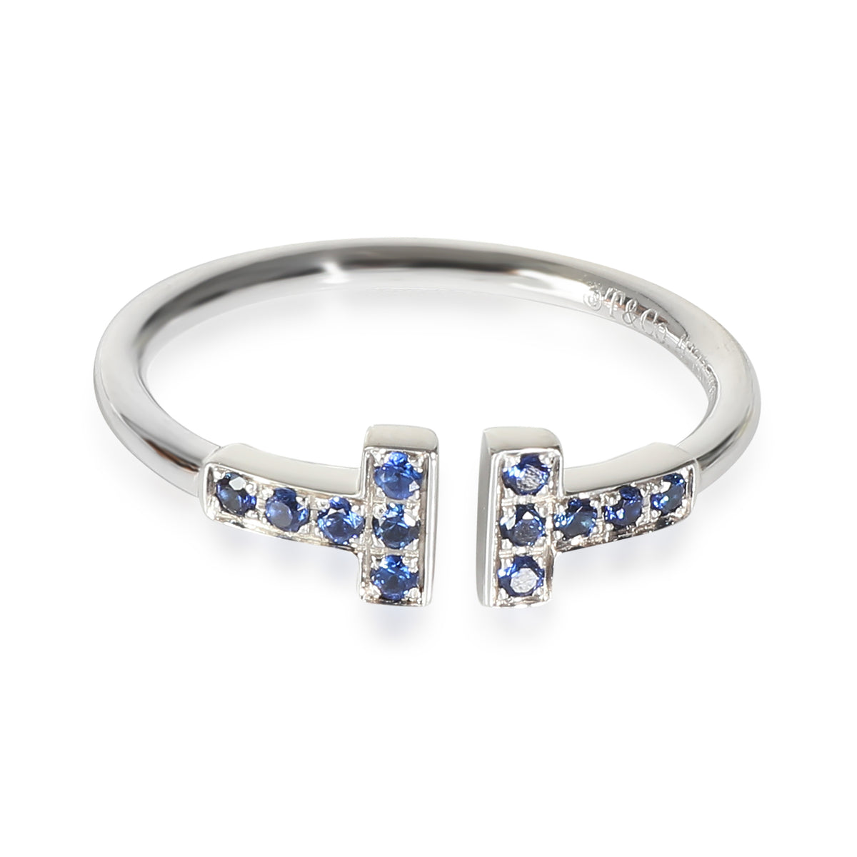 T Wire Blue Sapphire Ring in 18k White Gold 0.14 CTW