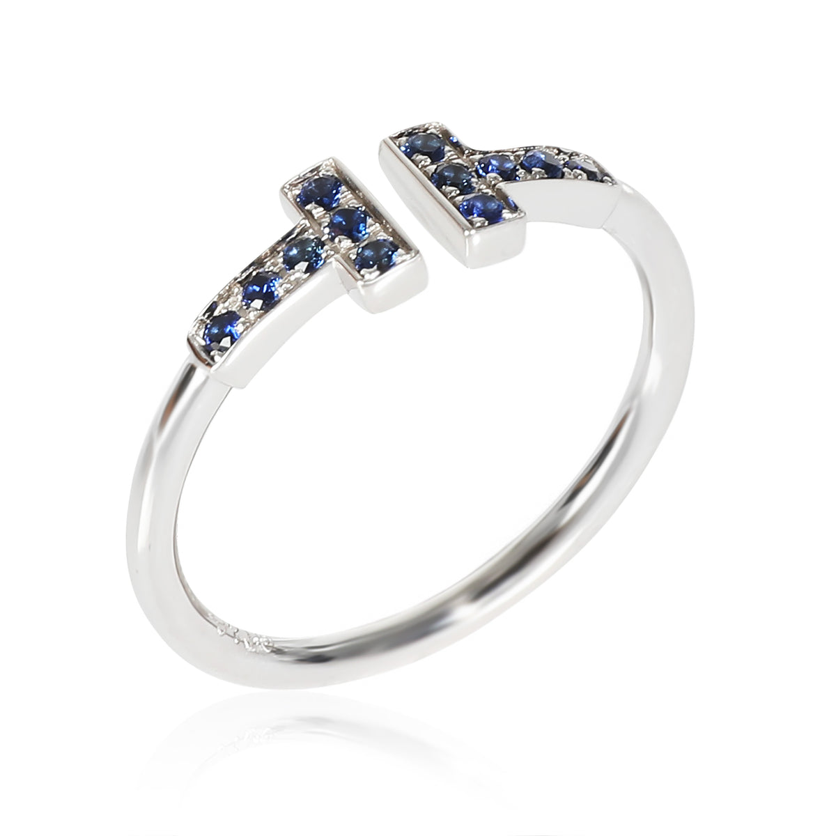 T Wire Blue Sapphire Ring in 18k White Gold 0.14 CTW