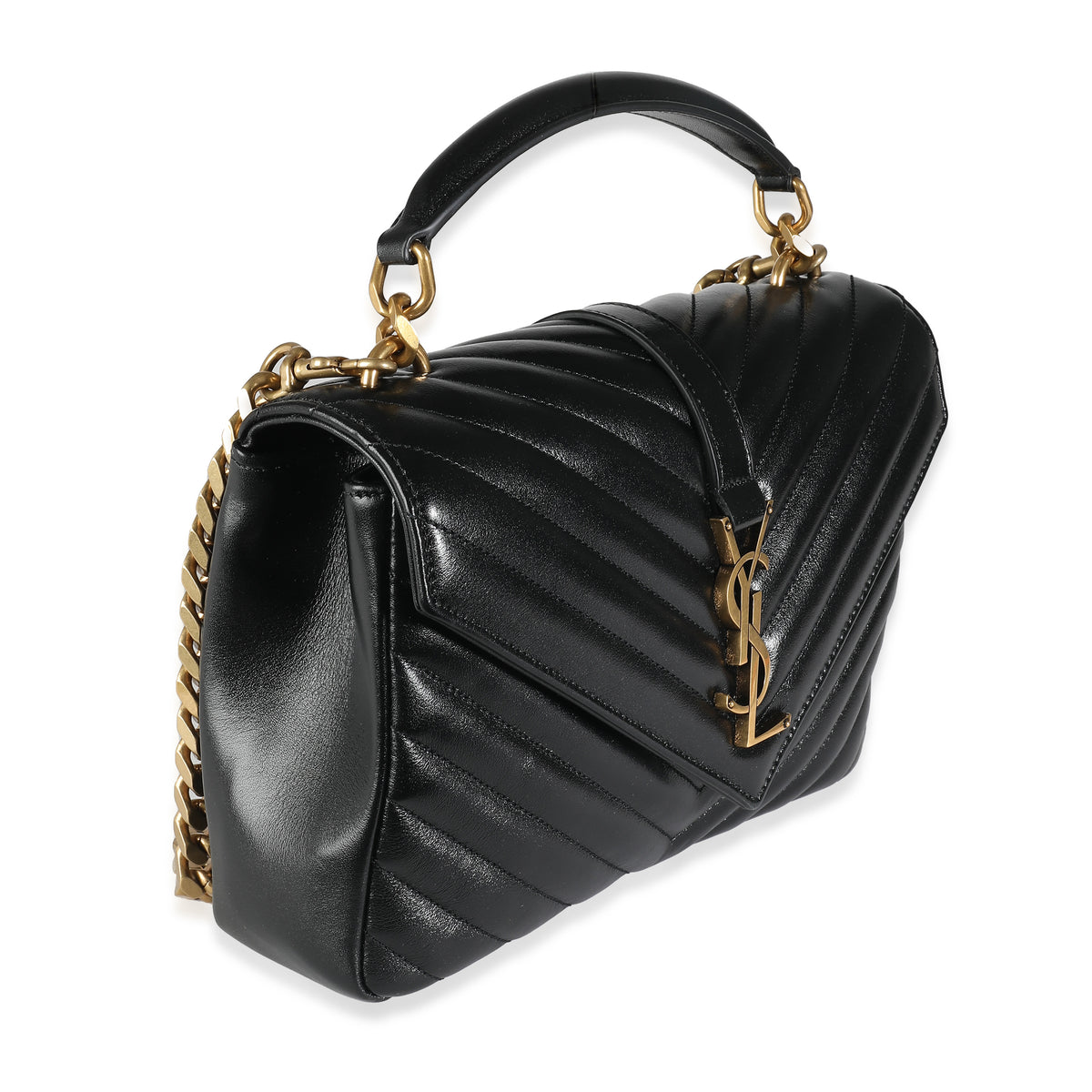 Black Shiny Calfskin Chevron Medium College Bag