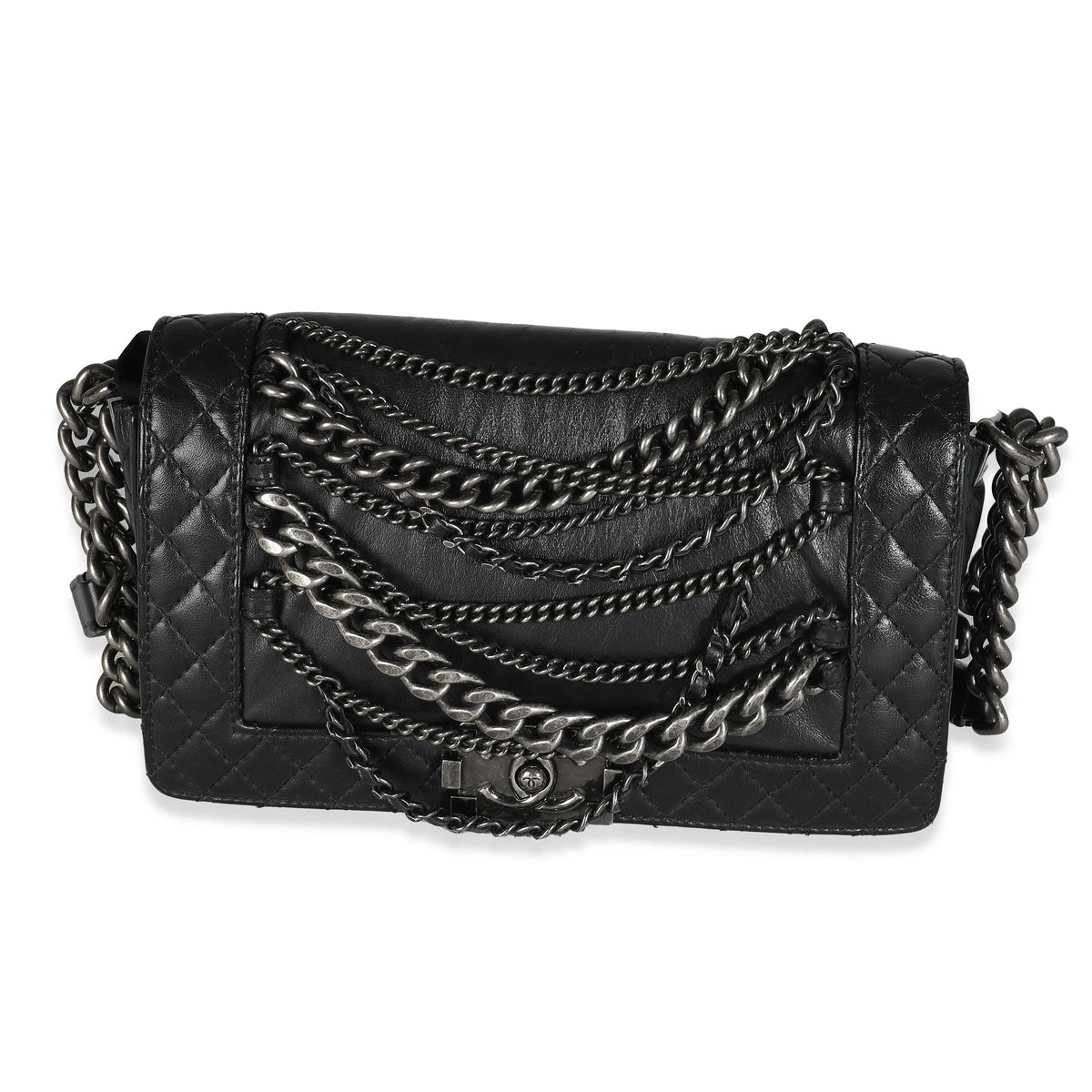 Chanel Black Lambskin Medium Enchained Boy Bag Handbag fv