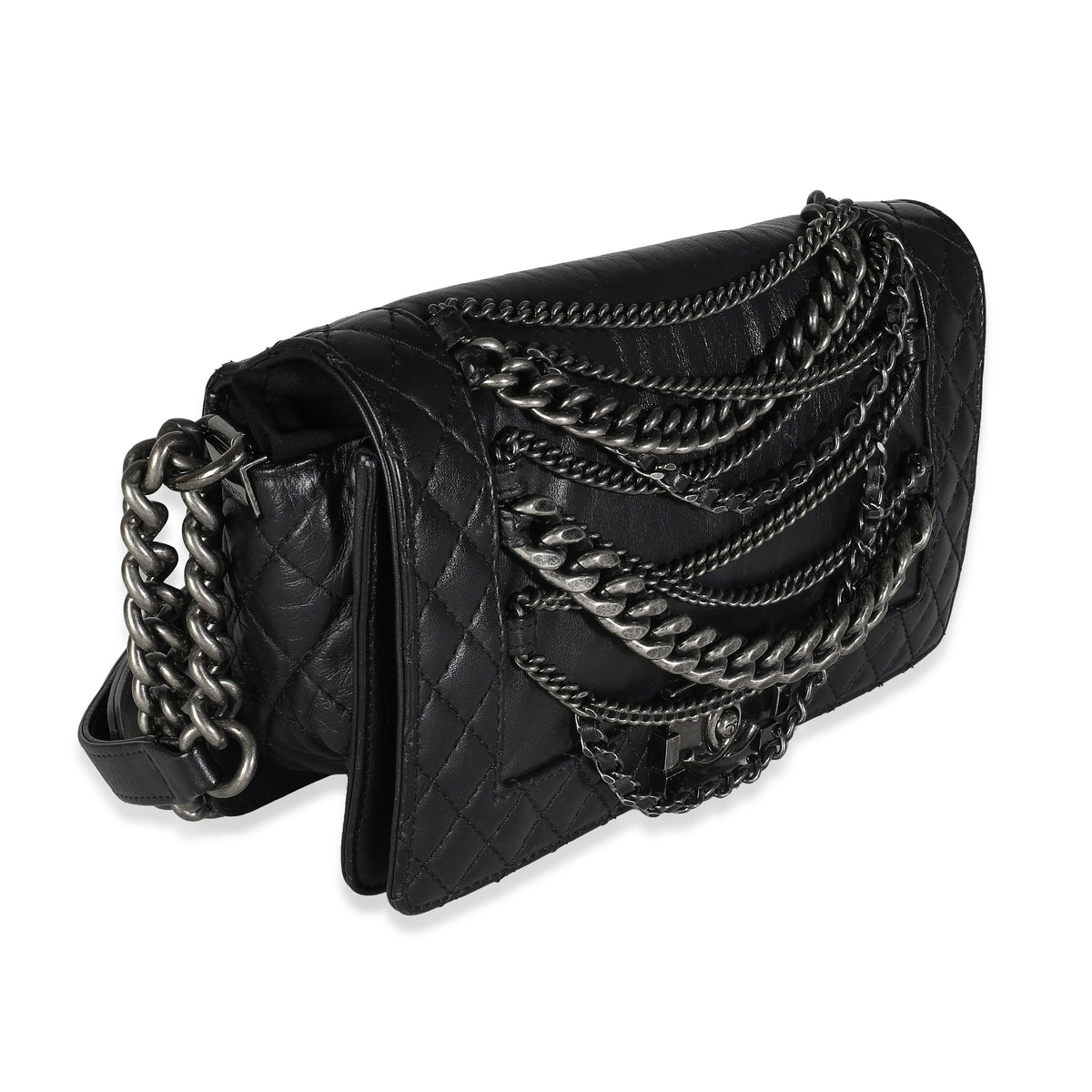 Chanel Black Lambskin Medium Enchained Boy Bag Handbag pv