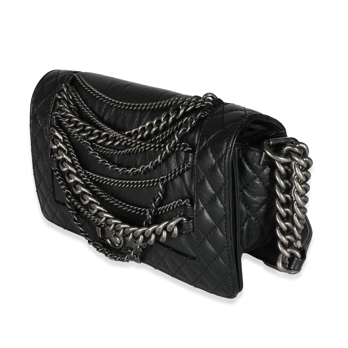 Chanel Black Lambskin Medium Enchained Boy Bag Handbag sv