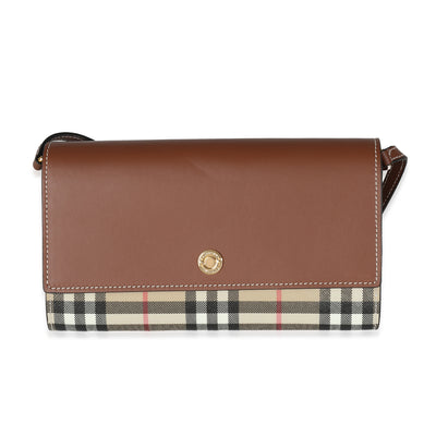 Beige Tan Calfskin Vintage Check Wallet With Strap