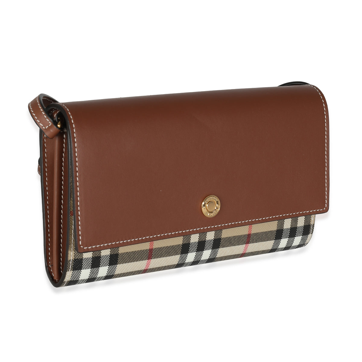 Beige Tan Calfskin Vintage Check Wallet With Strap