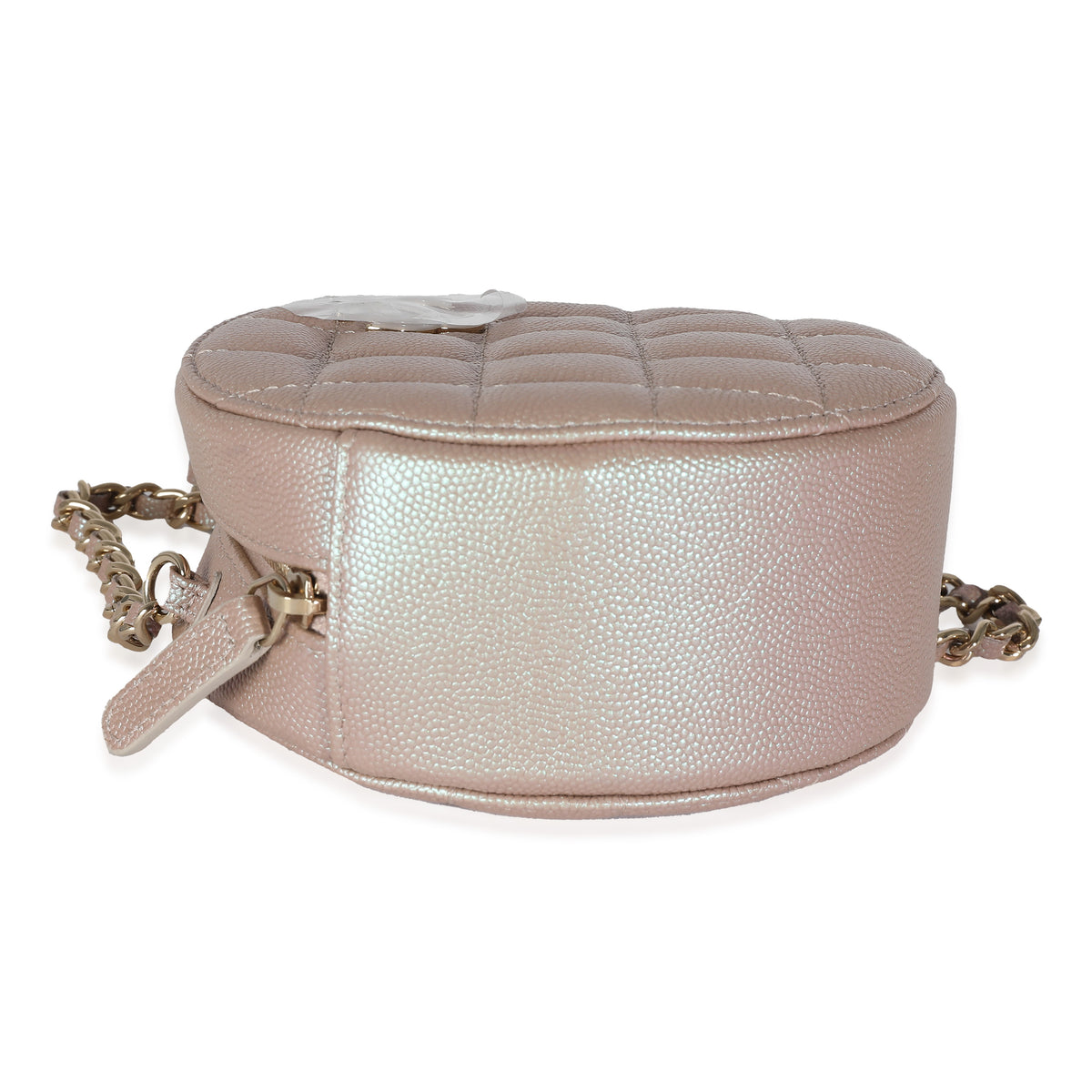 Pink Iridescent Quilted Caviar Round Clutch With Chain