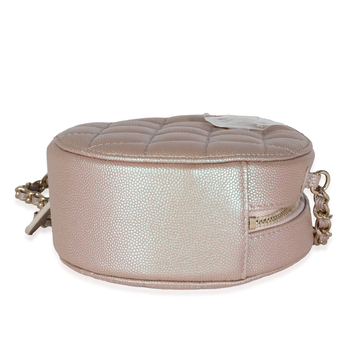 Pink Iridescent Quilted Caviar Round Clutch With Chain