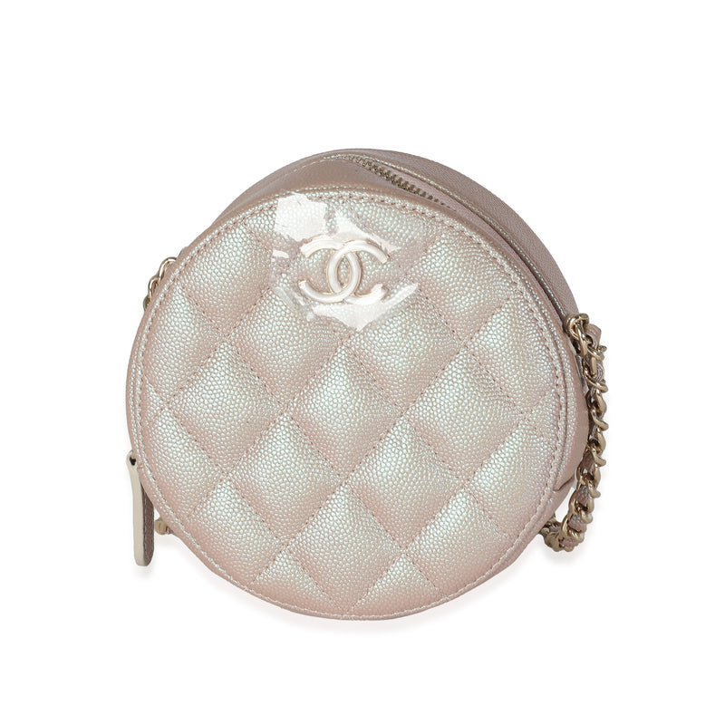 Pink Iridescent Quilted Caviar Round Clutch With Chain