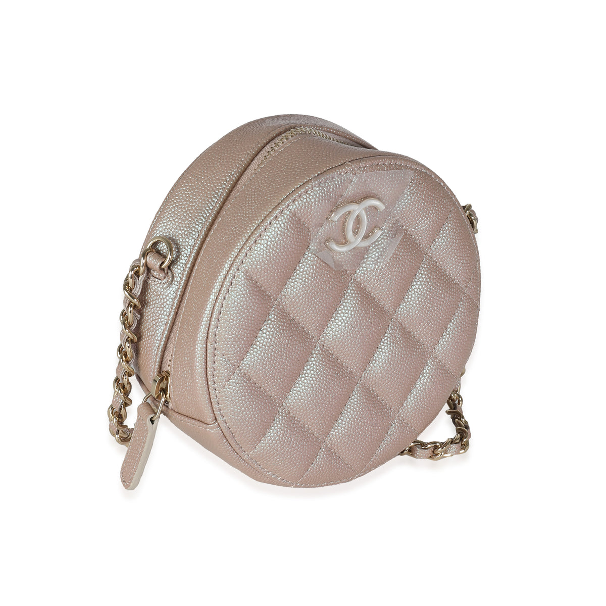 Pink Iridescent Quilted Caviar Round Clutch With Chain