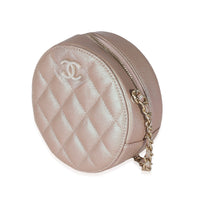 Pink Iridescent Quilted Caviar Round Clutch With Chain