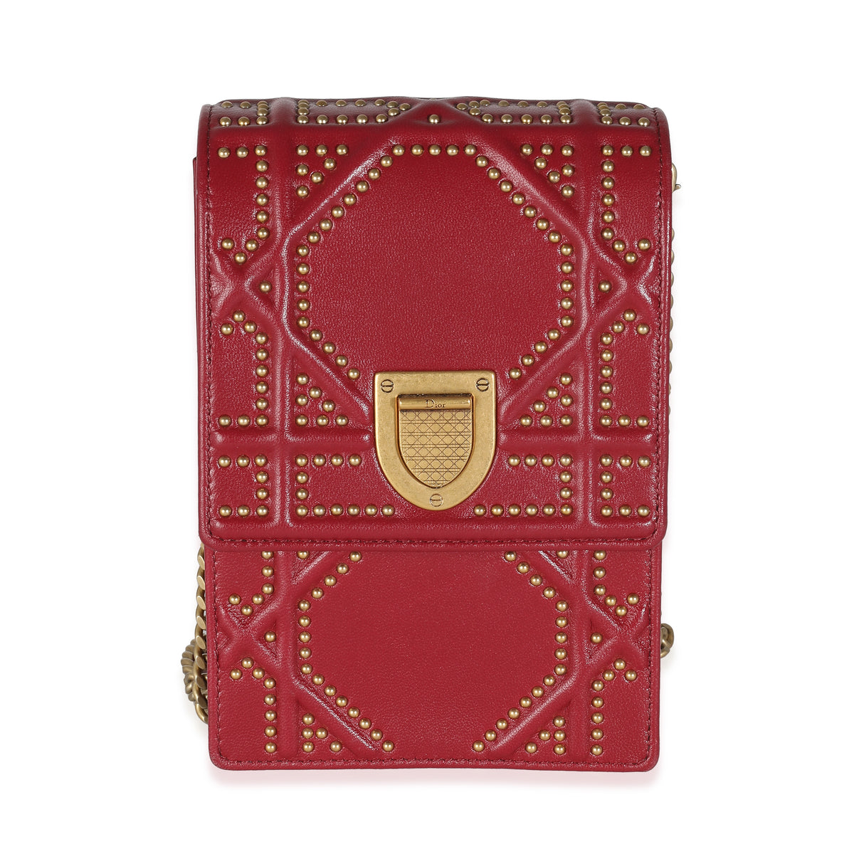 Red Leather Studded Diorama Vertical Clutch On Chain