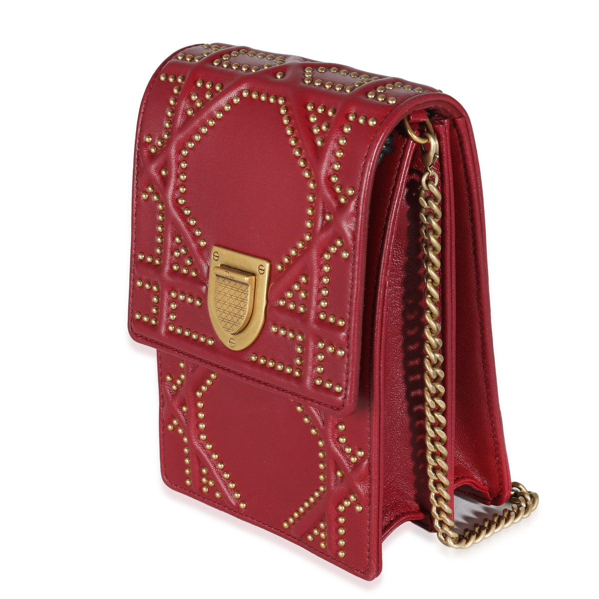 Red Leather Studded Diorama Vertical Clutch On Chain