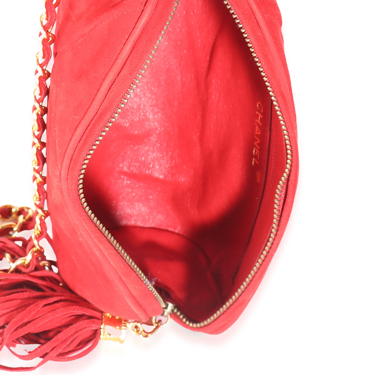 Vintage Red Suede Diamond Stitch Tassel Barrel Clutch