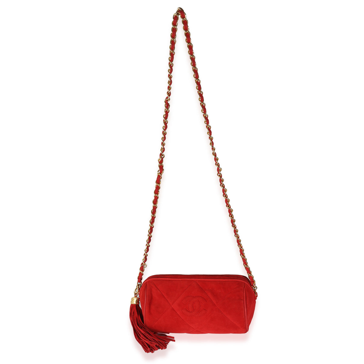 Vintage Red Suede Diamond Stitch Tassel Barrel Clutch