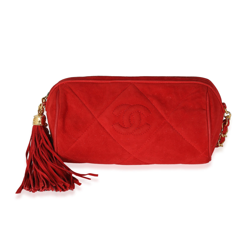 Vintage Red Suede Diamond Stitch Tassel Barrel Clutch