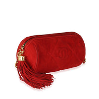 Vintage Red Suede Diamond Stitch Tassel Barrel Clutch