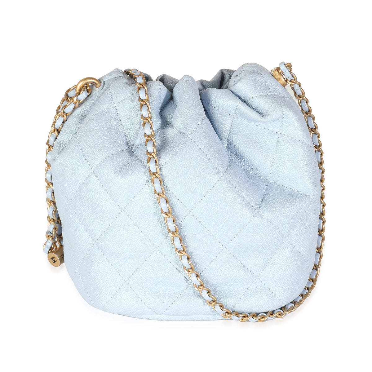 Light Blue Iridescent Quilted Caviar My Perfect CC Drawstring Bucket Bag