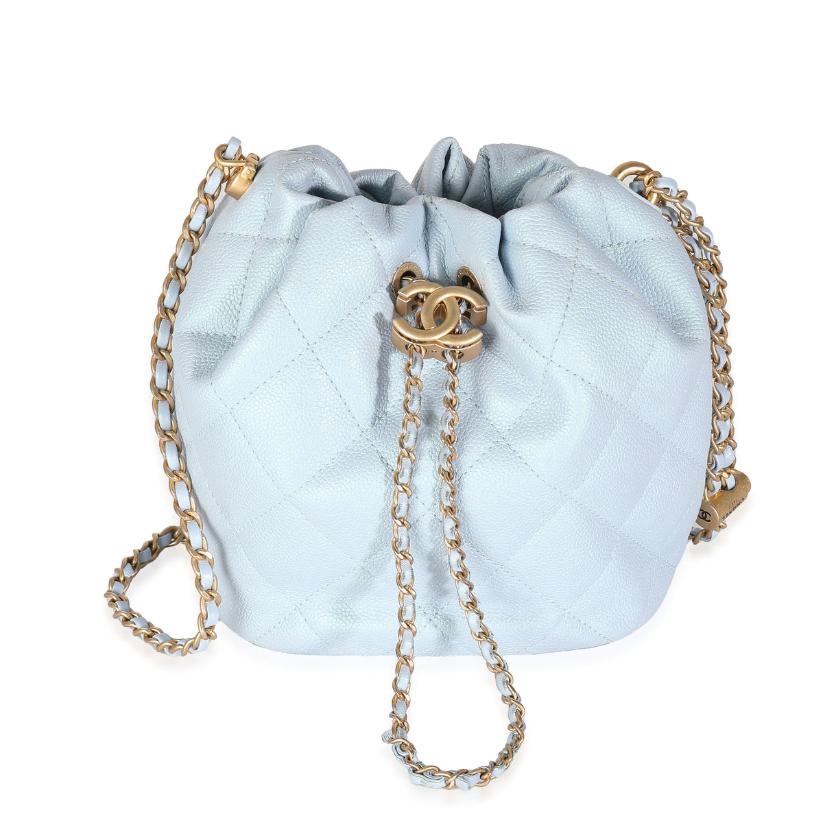 Light Blue Iridescent Quilted Caviar My Perfect CC Drawstring Handbag