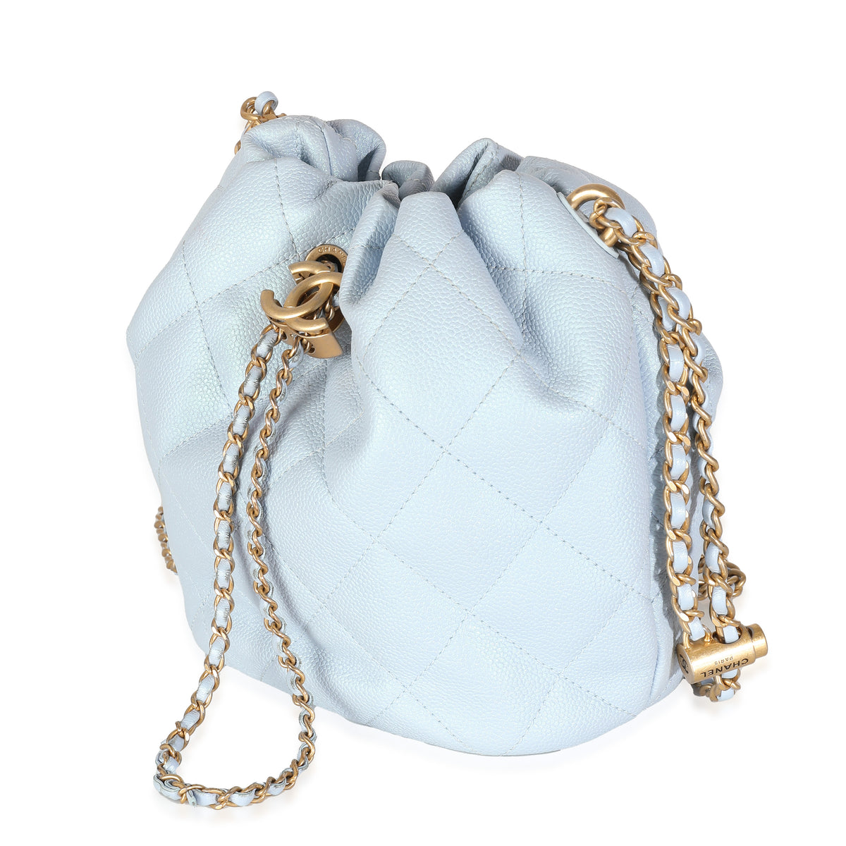 Light Blue Iridescent Quilted Caviar My Perfect CC Drawstring Bucket Bag