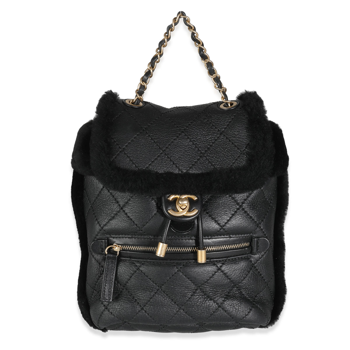 Chanel Black Quilted Shearling Paris Hamburg Small Backpack Handbag fv