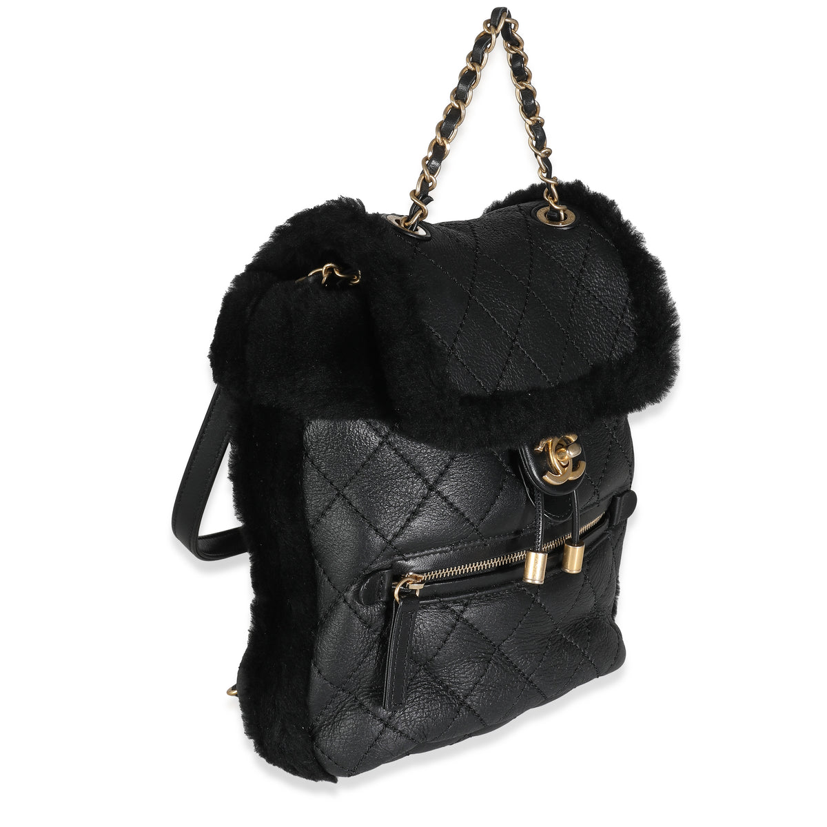 Chanel Black Quilted Shearling Paris Hamburg Small Backpack Handbag pv