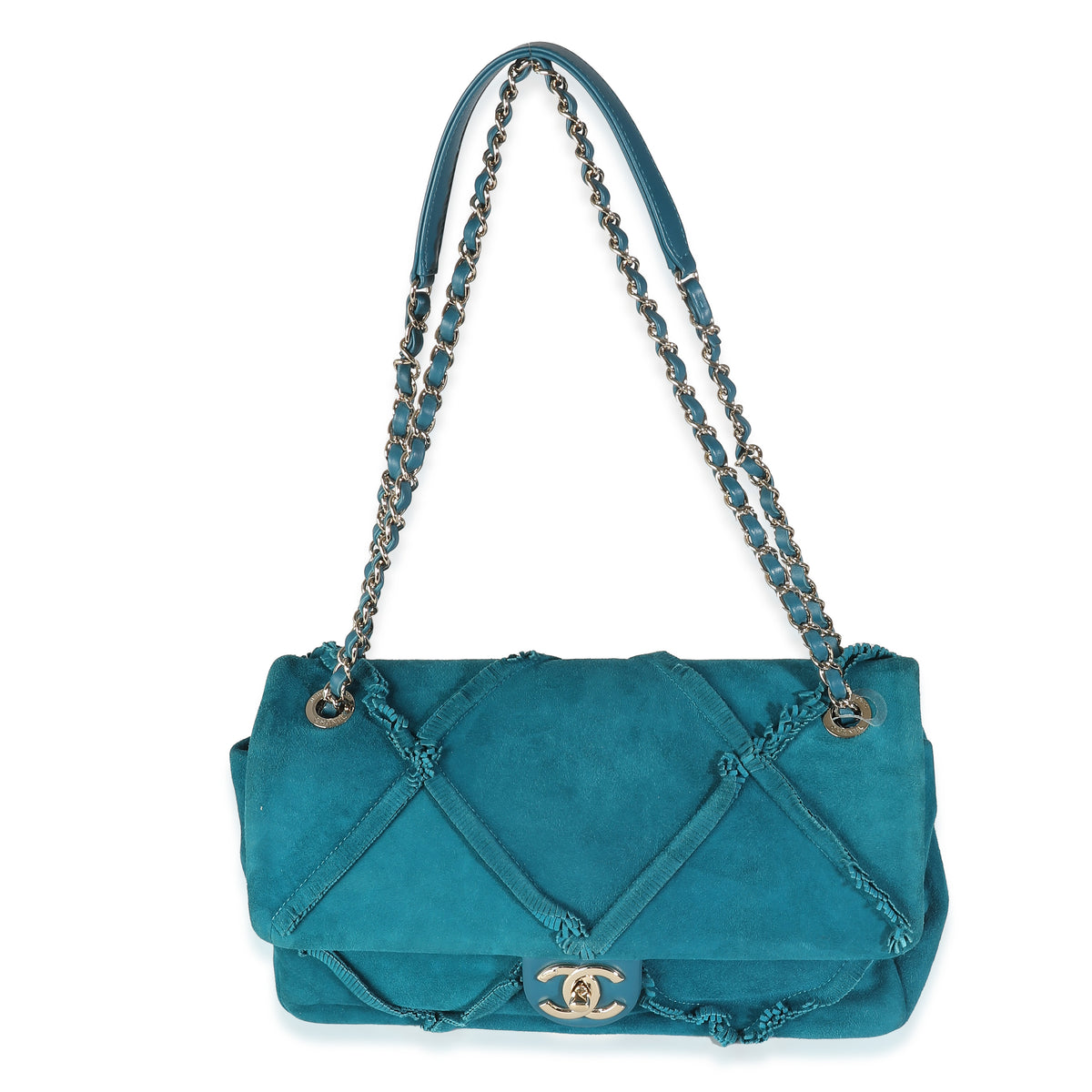Chanel Teal Suede Goatskin Diamond Fringe Medium Flap Bag Handbag av