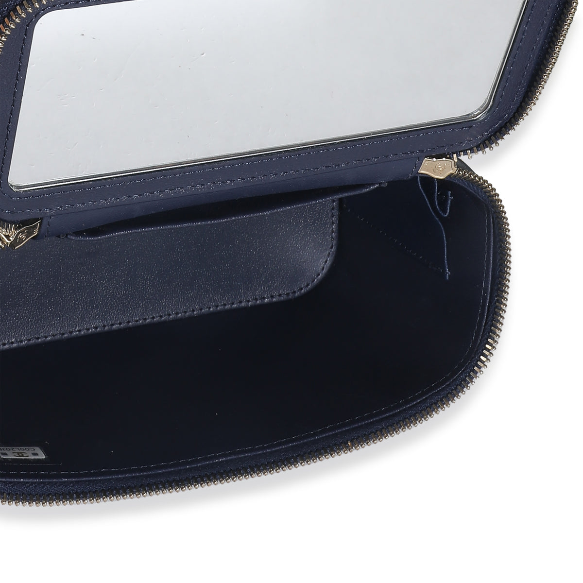 Navy Quilted Lambskin Top Handle Vanity Case With Chain