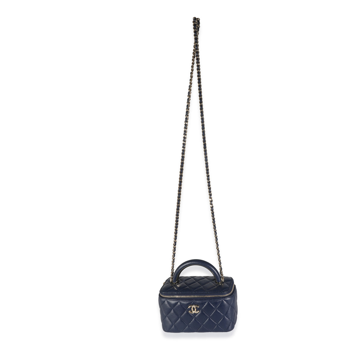 Navy Quilted Lambskin Top Handle Vanity Case With Chain