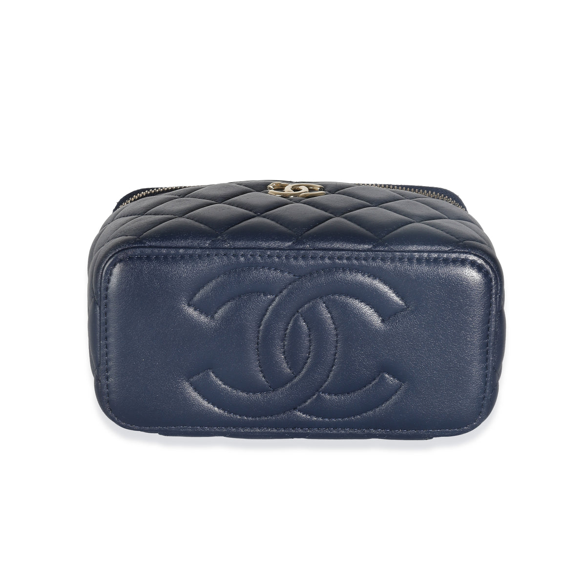 Navy Quilted Lambskin Top Handle Vanity Case With Chain