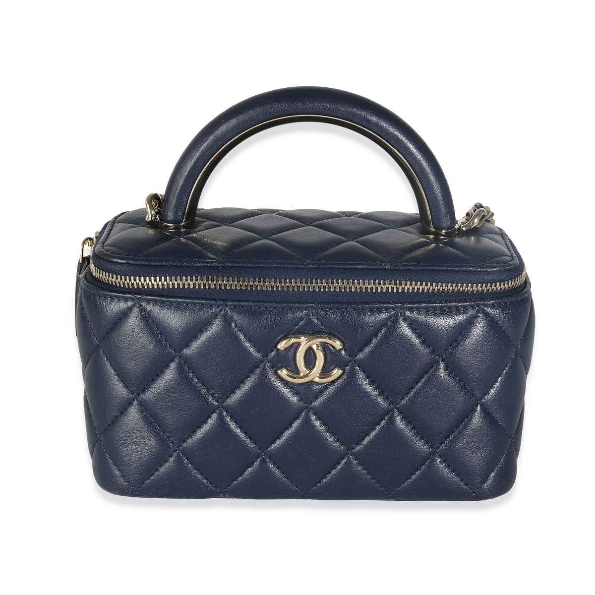 Navy Quilted Lambskin Top Handle Vanity Case With Chain