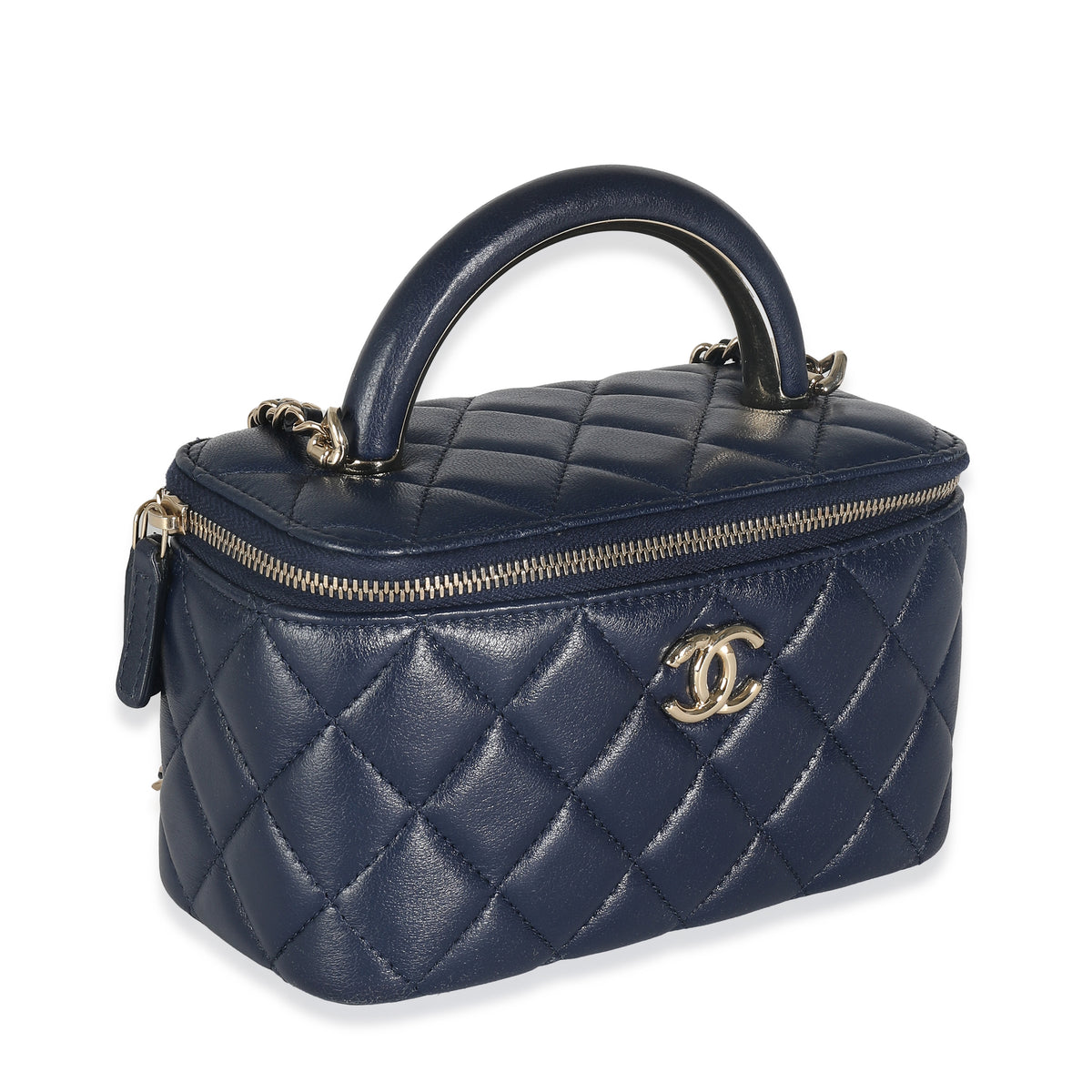 Navy Quilted Lambskin Top Handle Vanity Case With Chain