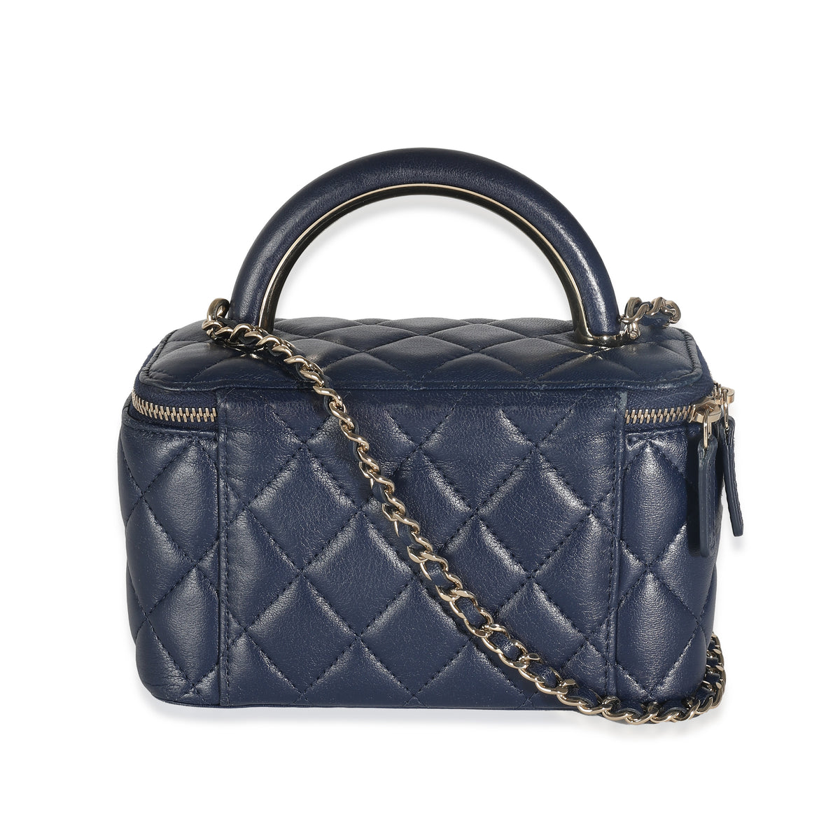 Navy Quilted Lambskin Top Handle Vanity Case With Chain