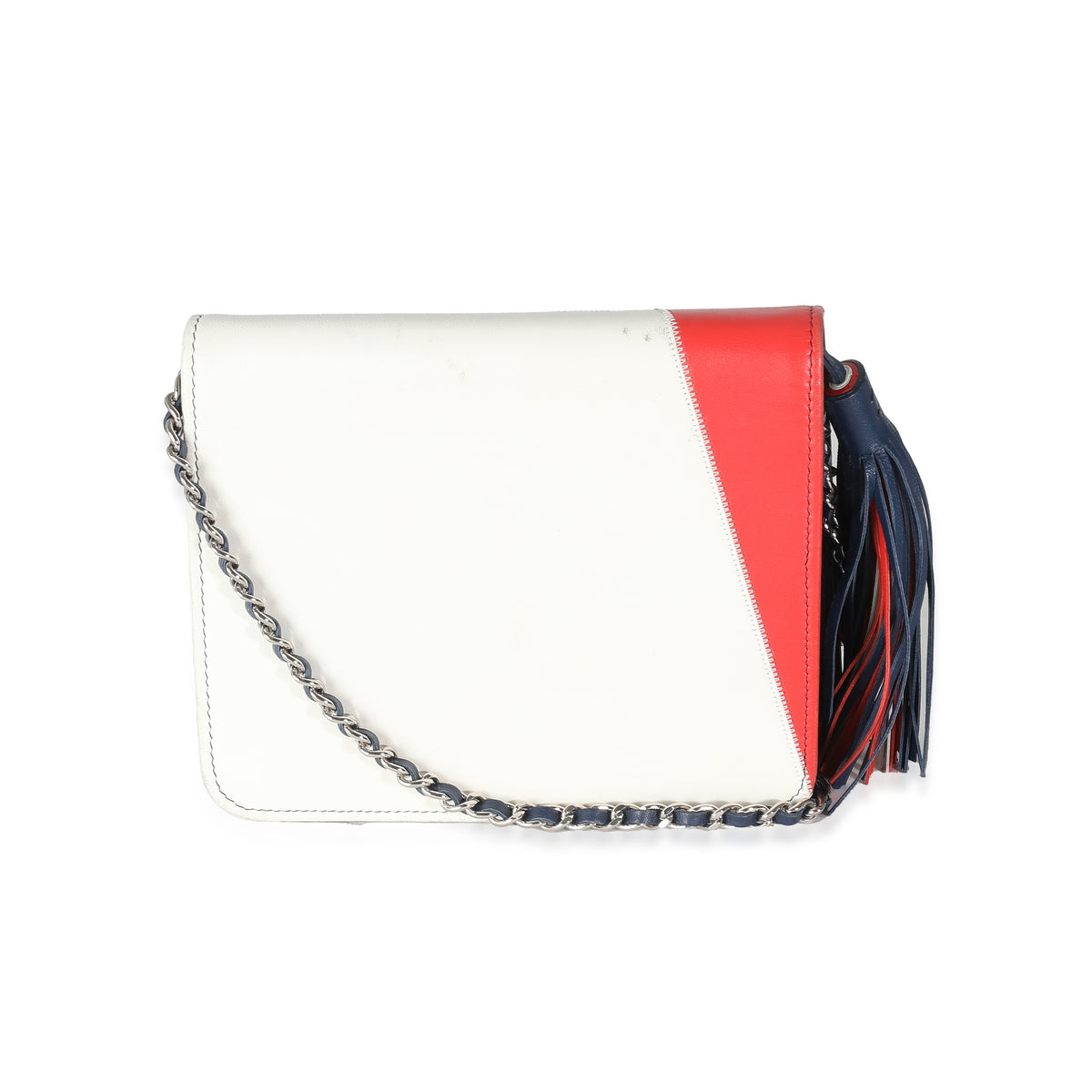 Chanel Red Blue White Lambskin Patchwork CC Flap Bag Handbag stamp